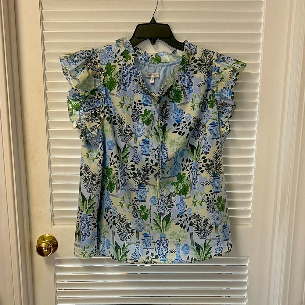 Crown & Ivy Blue and Green Floral Blouse